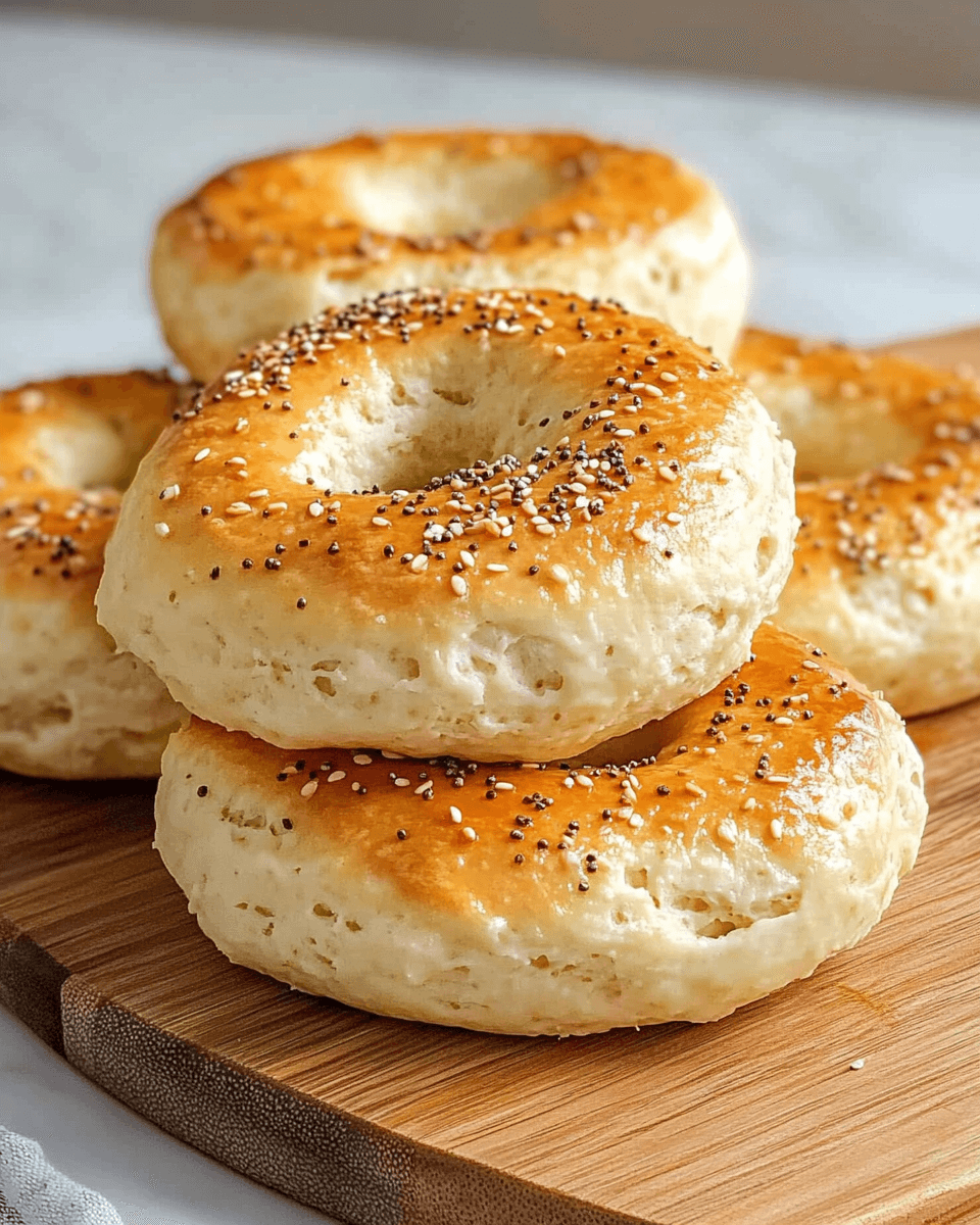 Freshly baked cottage cheese bagels topped with everything seasoning on a wooden board