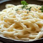 A bowl of creamy keto cream cheese noodles topped with grated Parmesan and garnished with fresh parsley
