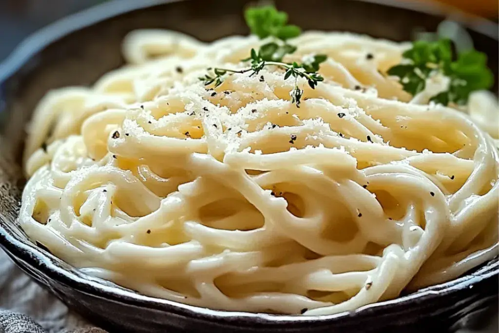 A bowl of creamy keto cream cheese noodles topped with grated Parmesan and garnished with fresh parsley