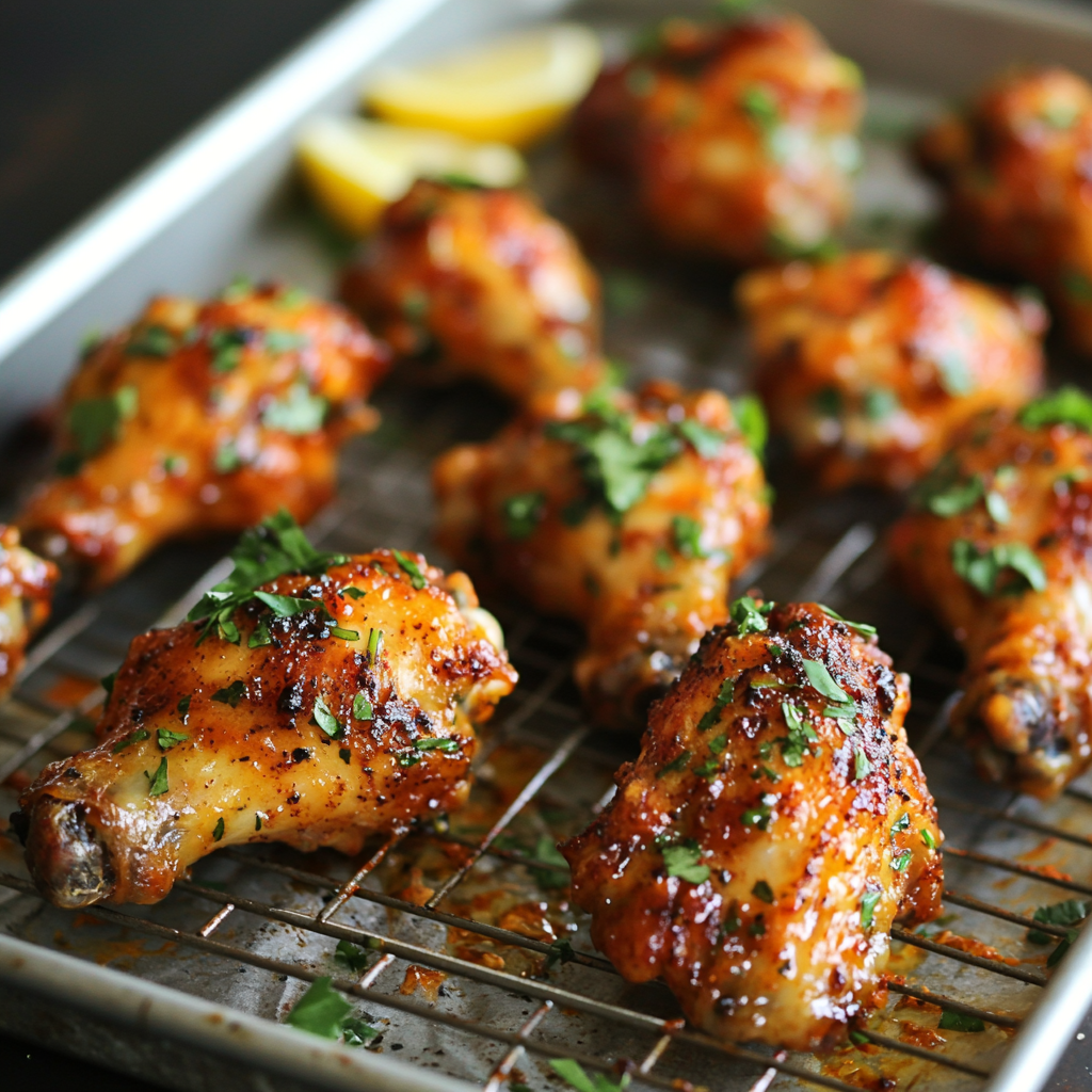 Cowboy butter chicken wings on a serving platter, crispy and coated in garlic butter sauce with parsley garnish