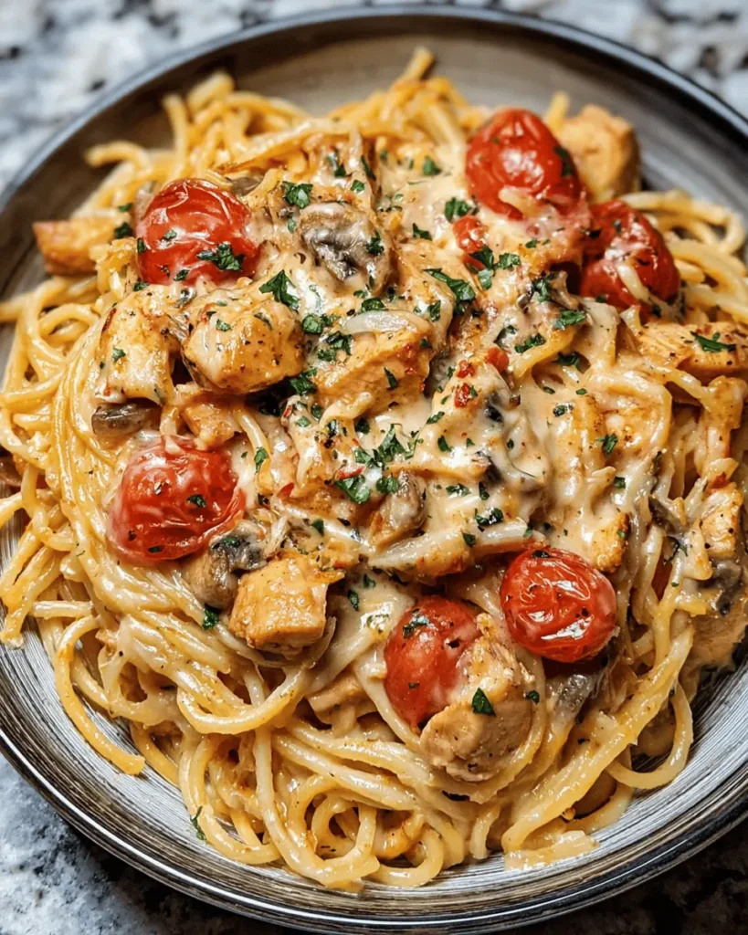 Creamy Chicken & Sun-Kissed Tomato Spaghetti 龍 This Creamy Chicken & Sun-Kissed Tomato Spaghetti is a cozy, flavor-packed dinner that feels gourmet but comes together in no time. Tender chicken bites, sweet sun-kissed tomatoes, and spaghetti are smothered in a rich, garlicky cream sauce First Image