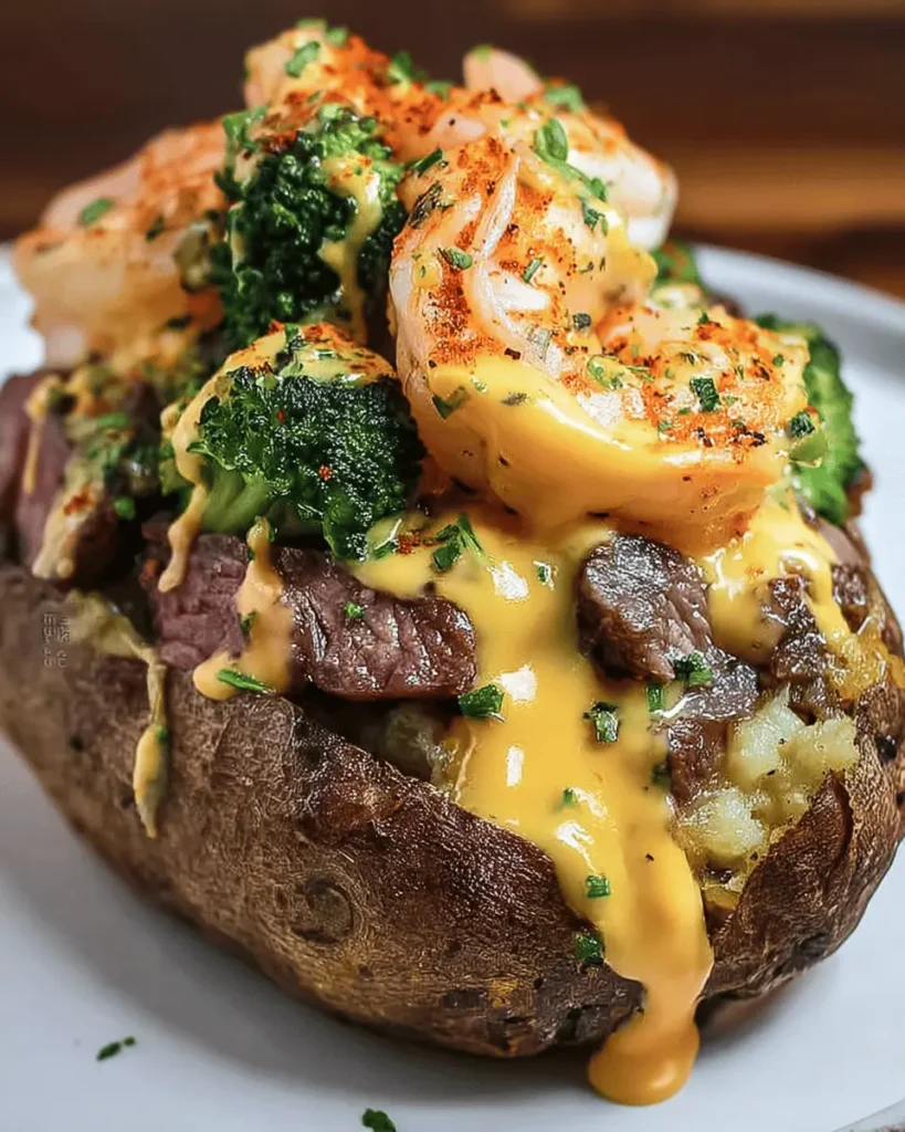 Easy Loaded Baked Potato with Steak, Shrimp, Broccoli, and Cheese Sauce First Image First Image